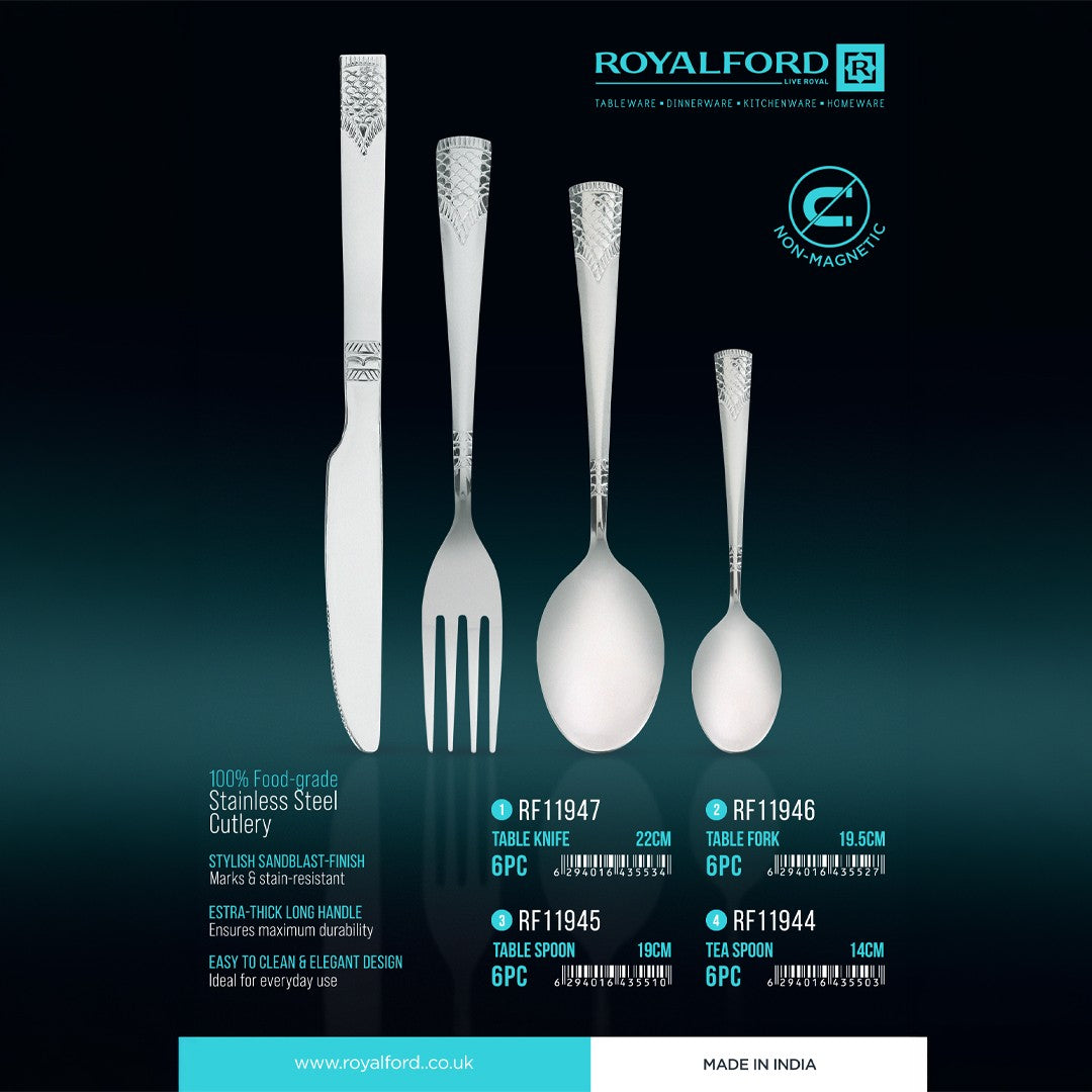 Royalford RF11946 stainless steel cutlery set with knife| fork, spoon & tea spoon| Food-grade, non-magnetic, durable with elegant sandblast finish & ideal for daily use|