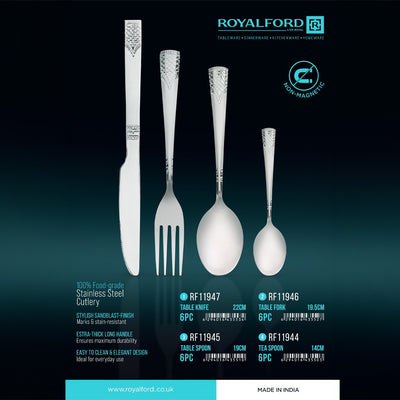 Royalford RF11946 stainless steel cutlery set with knife| fork, spoon & tea spoon| Food-grade, non-magnetic, durable with elegant sandblast finish & ideal for daily use|