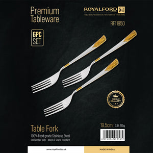 Royalford RF11950 Table Fork Set | 6PCS Stainless Steel Dinner Forks |  Food Grade | Durable Dishwasher Safe Premium Cutlery Set with Elegant Gold Accent Handle Design