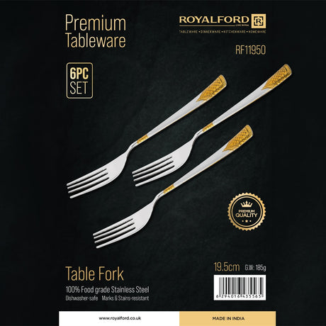 Royalford RF11950 Table Fork Set | 6PCS Stainless Steel Dinner Forks |  Food Grade | Durable Dishwasher Safe Premium Cutlery Set with Elegant Gold Accent Handle Design