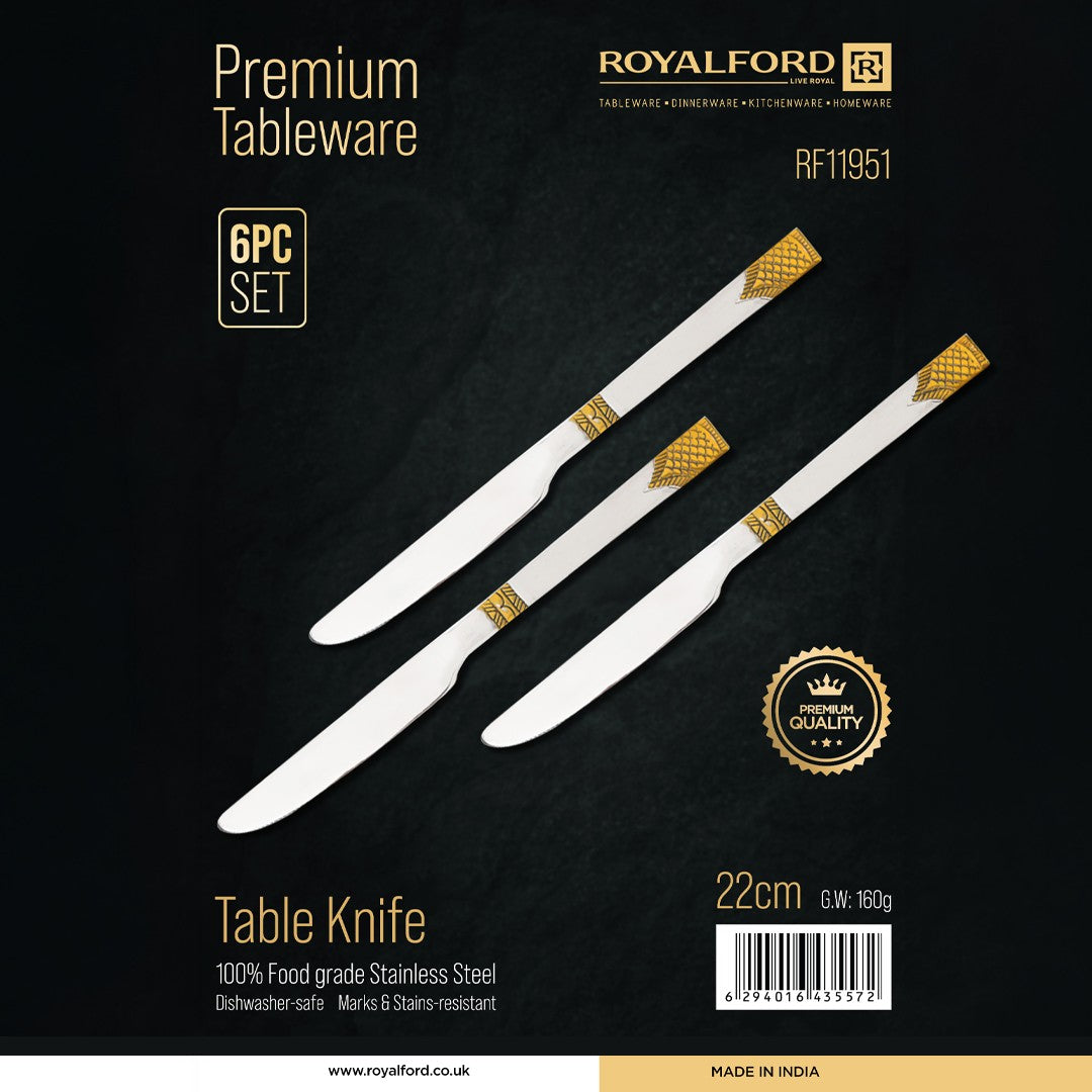 Royalford RF11951 table knife set| 6pcs made from premium stainless steel & Durable food-grade| stain-resistant with elegant gold accent design, for daily dining use|