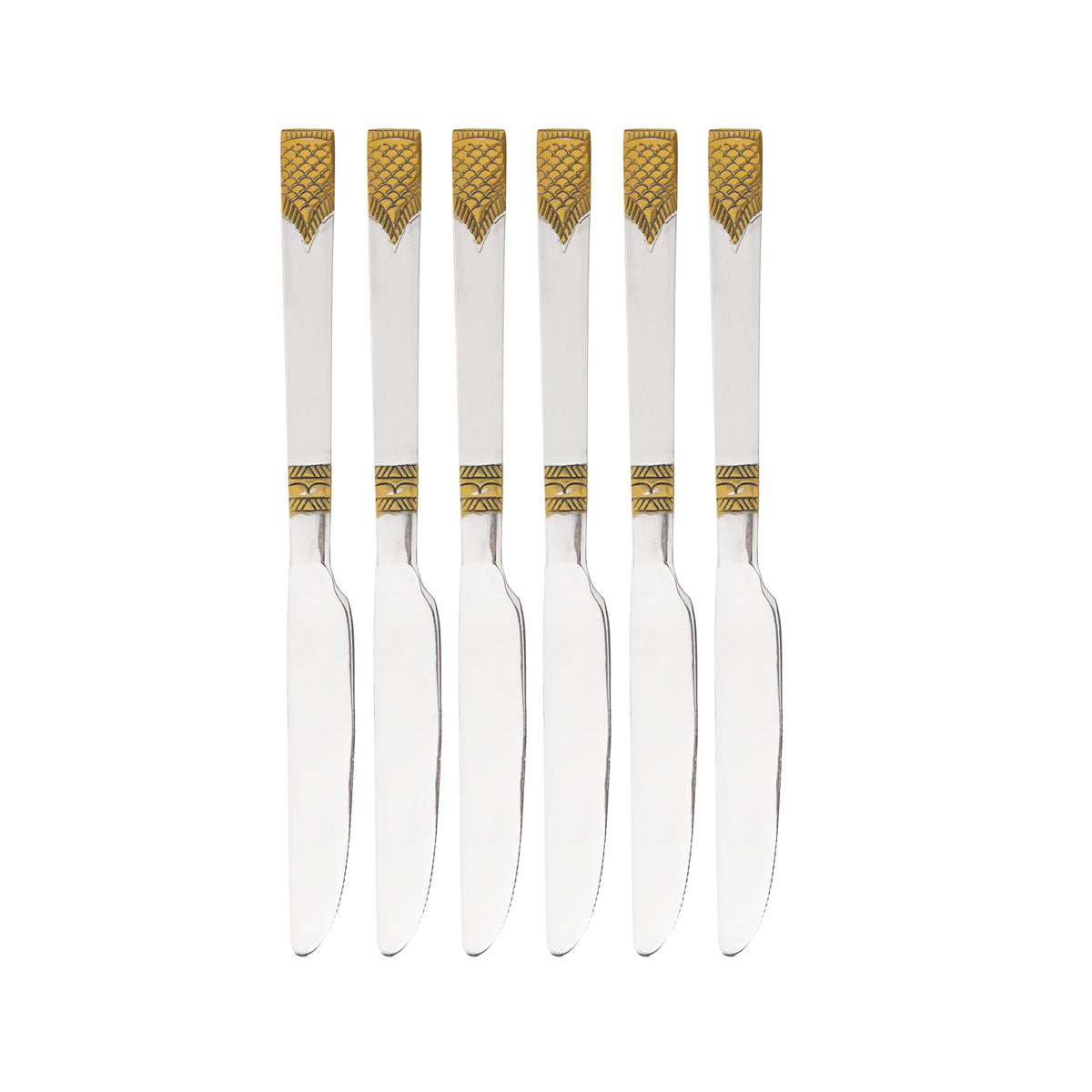 Royalford RF11951 table knife set| 6pcs made from premium stainless steel & Durable food-grade| stain-resistant with elegant gold accent design, for daily dining use|