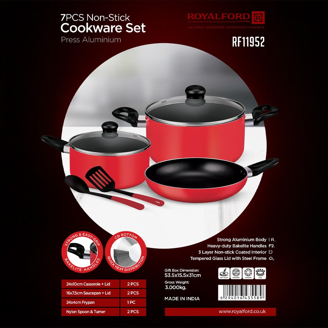 Royalford RF11952 7 Pcs Non Stick Cookware Set| Press Aluminium 3 Layer Coating | Glass Lids Frypan Saucepan Casserole Set for Gas Ceramic Halogen Hot Plate Cooking Use