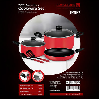 Royalford RF11952 7 Pcs Non Stick Cookware Set| Press Aluminium 3 Layer Coating | Glass Lids Frypan Saucepan Casserole Set for Gas Ceramic Halogen Hot Plate Cooking Use