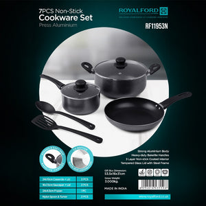 Royalford RF11953 7 Pcs Non-Stick Cookware Set| Press Aluminium with Glass Lids|  Frypan, Saucepan & Casserole| 3 Layer Coating| Strong Bakelite Handles for Daily Use