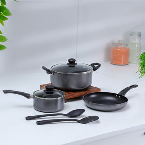 Royalford RF11953 7 Pcs Non-Stick Cookware Set| Press Aluminium with Glass Lids|  Frypan, Saucepan & Casserole| 3 Layer Coating| Strong Bakelite Handles for Daily Use