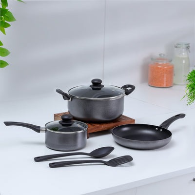 Royalford RF11953 7 Pcs Non-Stick Cookware Set| Press Aluminium with Glass Lids|  Frypan, Saucepan & Casserole| 3 Layer Coating| Strong Bakelite Handles for Daily Use