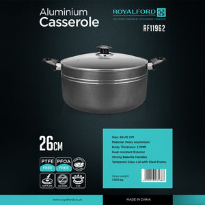 Royalford RF11962 26cm Aluminium Non-Stick Casserole | Tempered Glass Lid | 2.0mm Press Aluminium Body | PTFE & PFOA Free Cookware for Gas, Hot Plate & Halogen Cooking