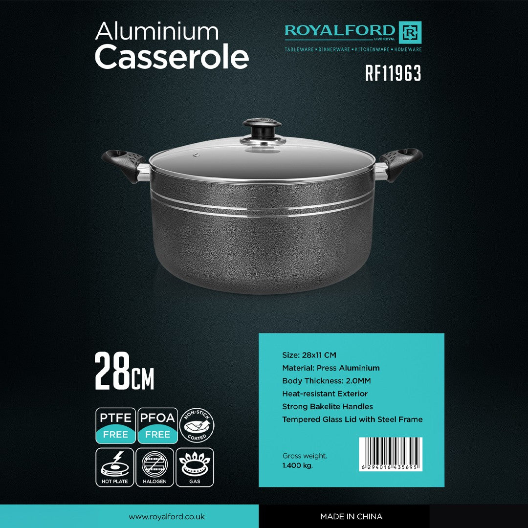 Royalford RF11963 28cm Aluminium Casserole with Lid| Non-Stick Coated Press Aluminium Casserole | Bakelite Handles | Perfect for  Everyday Family Cooking and Kitchen Use