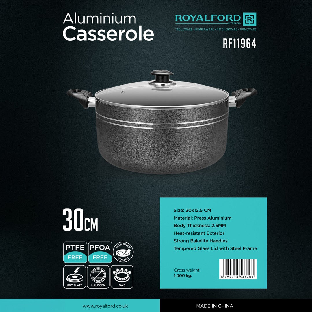 Royalford RF11964 30cm Aluminium Casserole | PTFE and PFOA Free Non-Stick Coating| Tempered Glass Lid | Heat-Resistant Bakelite Handles| Perfect for Daily Cooking Use