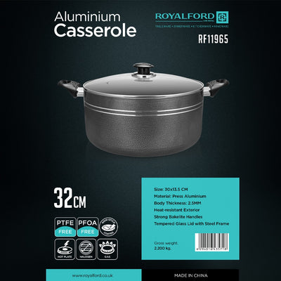 Royalford RF11965 32cm Aluminium Casserole | Non-Stick Coating |  Tempered Glass Lid|  Strong Bakelite Handles |  Heat Resistant Body for Large Capacity Family Cooking