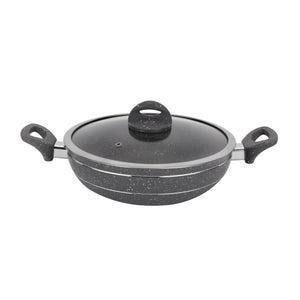 Royalford RF11968 Smart Granite Wok Pan| featuring durable 5-layer granite coating, forged aluminium body, glass lid, handles and induction compatibility for daily use