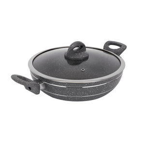 Royalford RF11968 Smart Granite Wok Pan| featuring durable 5-layer granite coating, forged aluminium body, glass lid, handles and induction compatibility for daily use