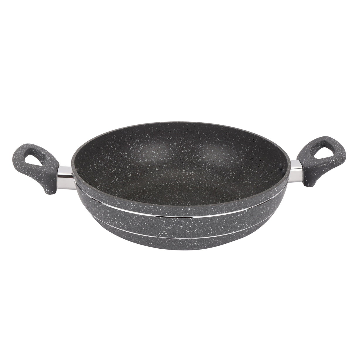 Royalford RF11968 Smart Granite Wok Pan| featuring durable 5-layer granite coating, forged aluminium body, glass lid, handles and induction compatibility for daily use