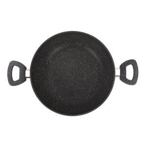 Royalford RF11968 Smart Granite Wok Pan| featuring durable 5-layer granite coating, forged aluminium body, glass lid, handles and induction compatibility for daily use