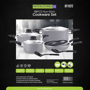 Royalford RF11972 10PCS Non-Stick Cookware Set | 3-Layer Non-Stick Press Aluminium Pots & Frypans with Tempered Glass Lids| Nylon Spoon & Turner | Heat-Resistant