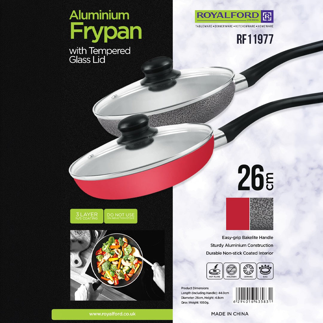 Royalford RF11977 26cm Aluminium Frypan with Glass Lid  | 26 cm Size | Sturdy Aluminium Construction | 3-Layer Non-Stick Coating | Tempered Glass Lid  | Stylish Design