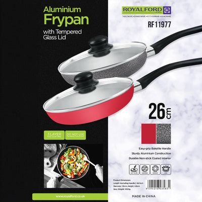Royalford RF11977 26cm Aluminium Frypan with Glass Lid  | 26 cm Size | Sturdy Aluminium Construction | 3-Layer Non-Stick Coating | Tempered Glass Lid  | Stylish Design