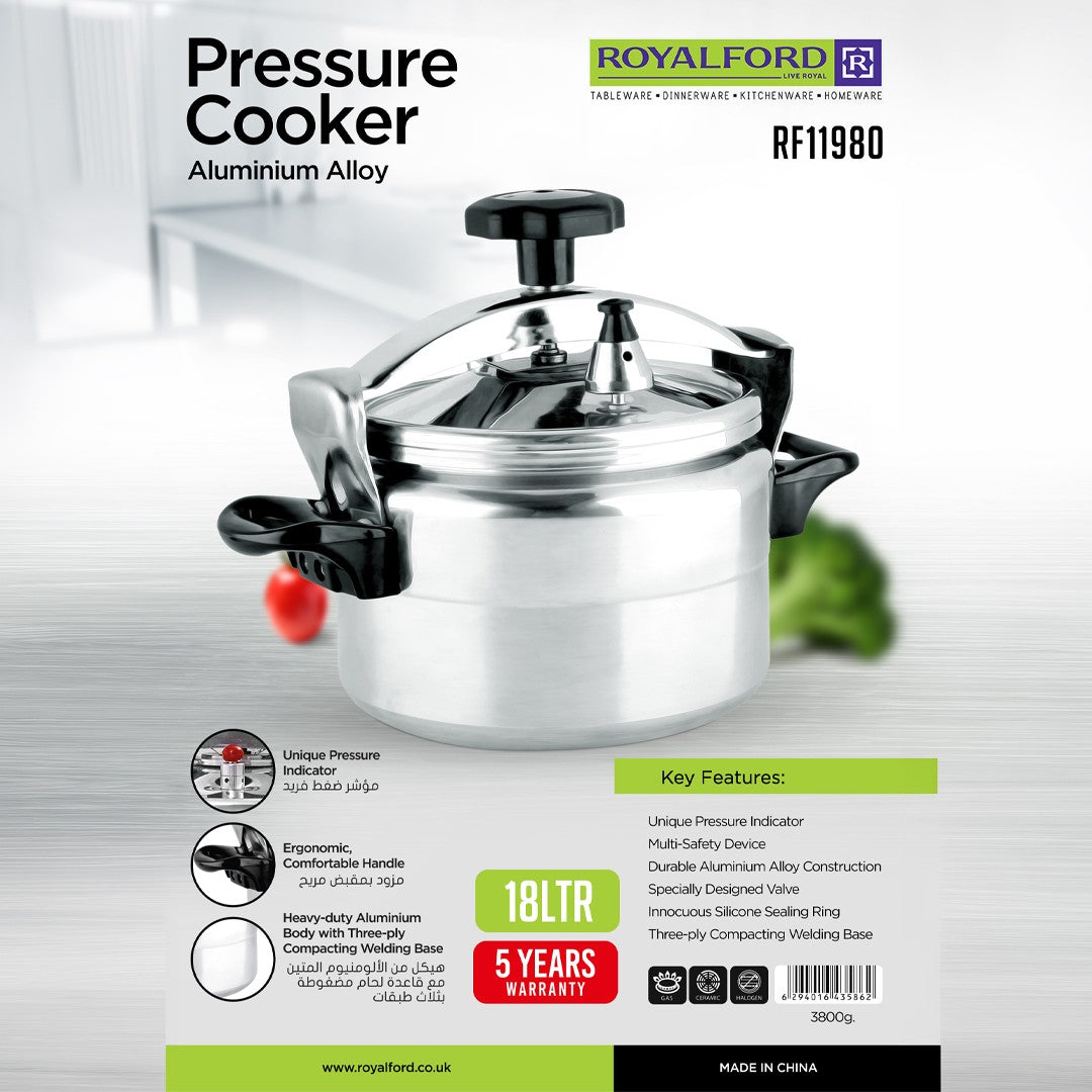 Royalford RF11980 Aluminium Alloy Pressure Cooker 18 LTR | Heavy Duty Body | Multi Safety Device | Unique Pressure Indicator | Ergonomic Handles & 5 Year Warranty