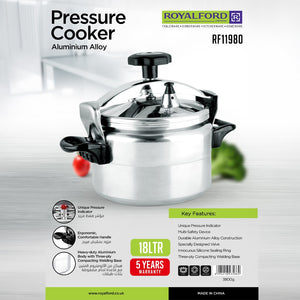 Royalford RF11980 Aluminium Alloy Pressure Cooker 18 LTR | Heavy Duty Body | Multi Safety Device | Unique Pressure Indicator | Ergonomic Handles & 5 Year Warranty