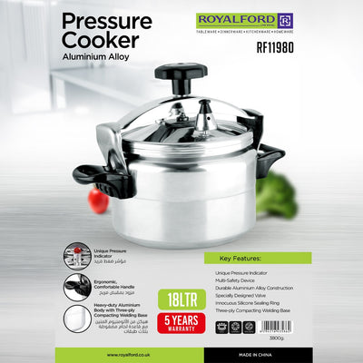 Royalford RF11980 Aluminium Alloy Pressure Cooker 18 LTR | Heavy Duty Body | Multi Safety Device | Unique Pressure Indicator | Ergonomic Handles & 5 Year Warranty