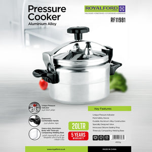 Royalford RF11981 Aluminium Alloy Pressure Cooker 20 LTR | Heavy Duty Body for Bulk Cooking | Multi Safety Device | Unique Pressure Indicator | Ergonomic Handles