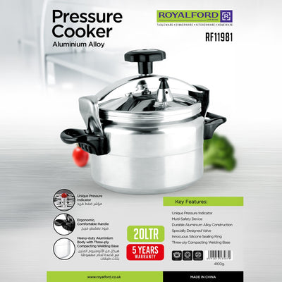 Royalford RF11981 Aluminium Alloy Pressure Cooker 20 LTR | Heavy Duty Body for Bulk Cooking | Multi Safety Device | Unique Pressure Indicator | Ergonomic Handles