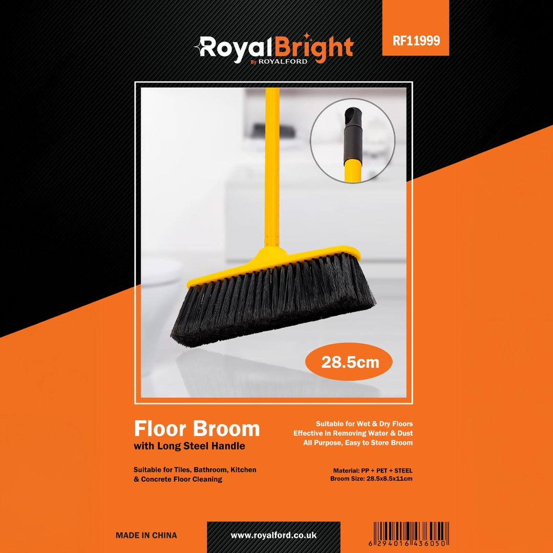 Royalford RF11999 Floor Broom with Long Steel Handle | 28.5cm Heavy Duty Cleaning Broom for Wet & Dry Floors, Tiles, Bathroom, Kitchen & Concrete| Durable  Sweeping Brush