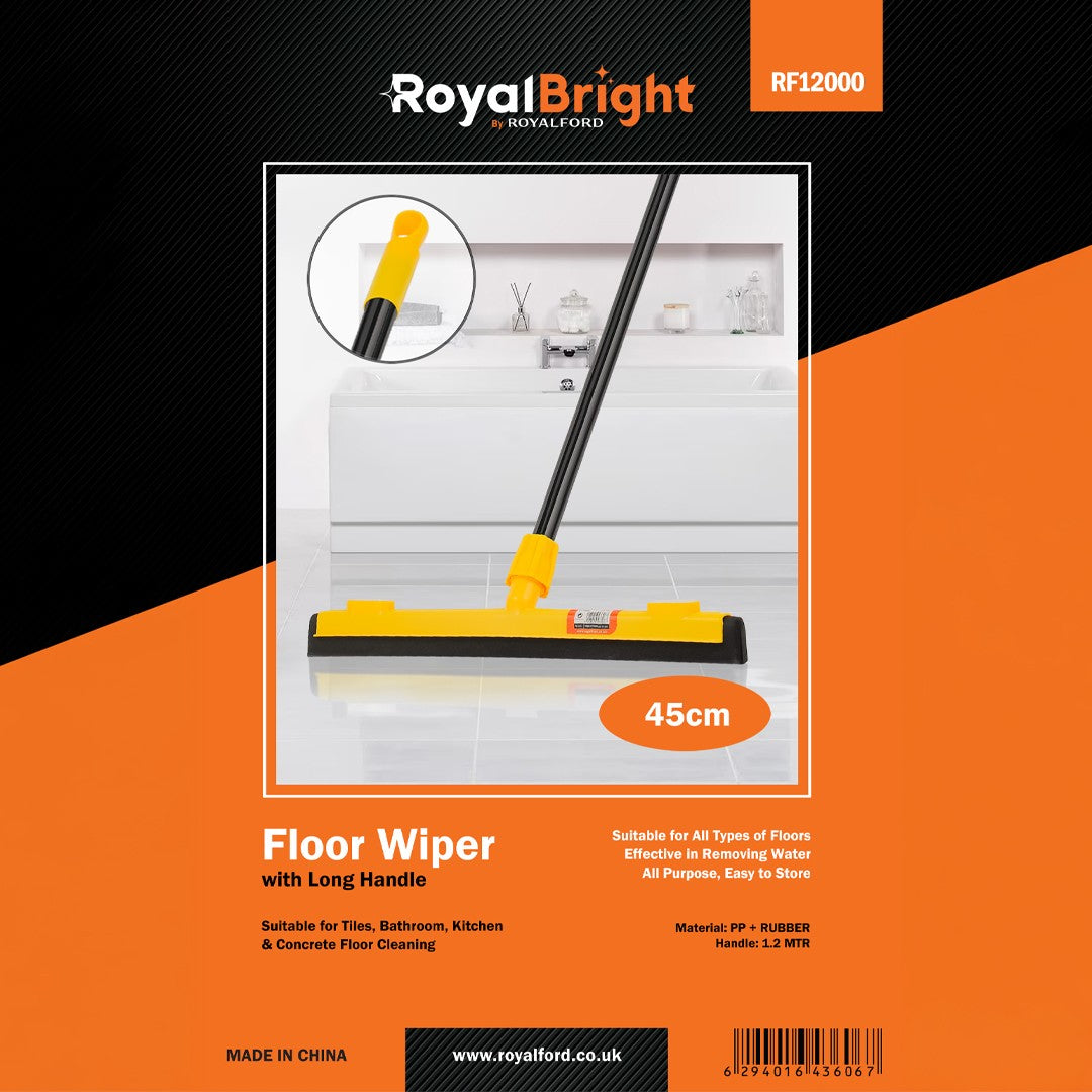 Royalford RF12000 Floor Wiper 45cm with Long Handle | Durable PP & Rubber Blade | Floor Cleaning Tool for Tiles, Kitchen & Concrete | Easy Water Removal  Cleaning Tool