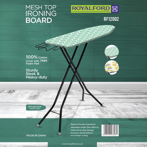 Royalford Mesh Top Ironing Board RF12002 | Large 107×30.5 cm Ironing Surface|  Adjustable Height |  100% Cotton Cover |  Mesh Top|  Heavy-Duty Powder-Coated Frame