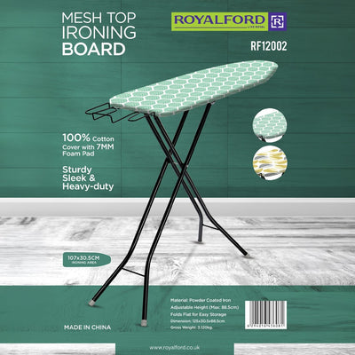 Royalford Mesh Top Ironing Board RF12002 | Large 107×30.5 cm Ironing Surface|  Adjustable Height |  100% Cotton Cover |  Mesh Top|  Heavy-Duty Powder-Coated Frame