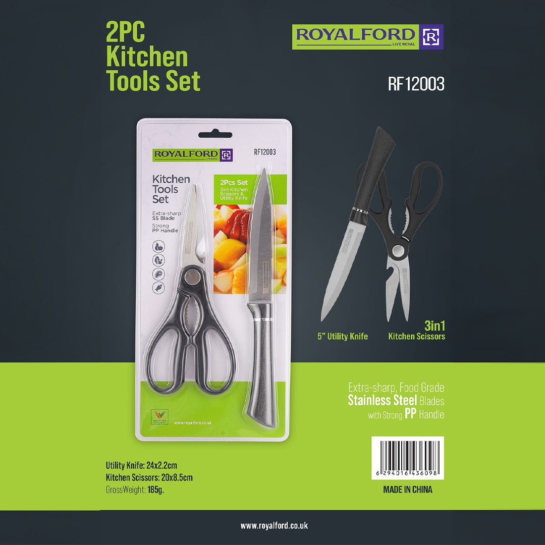 Royalford RF12003 2PC Kitchen Tools Set | Utility Knife & Kitchen Scissors |Stainless Steel Blades with PP Handle |Multi Functional Cutting Tool Set |Compact & Convenient