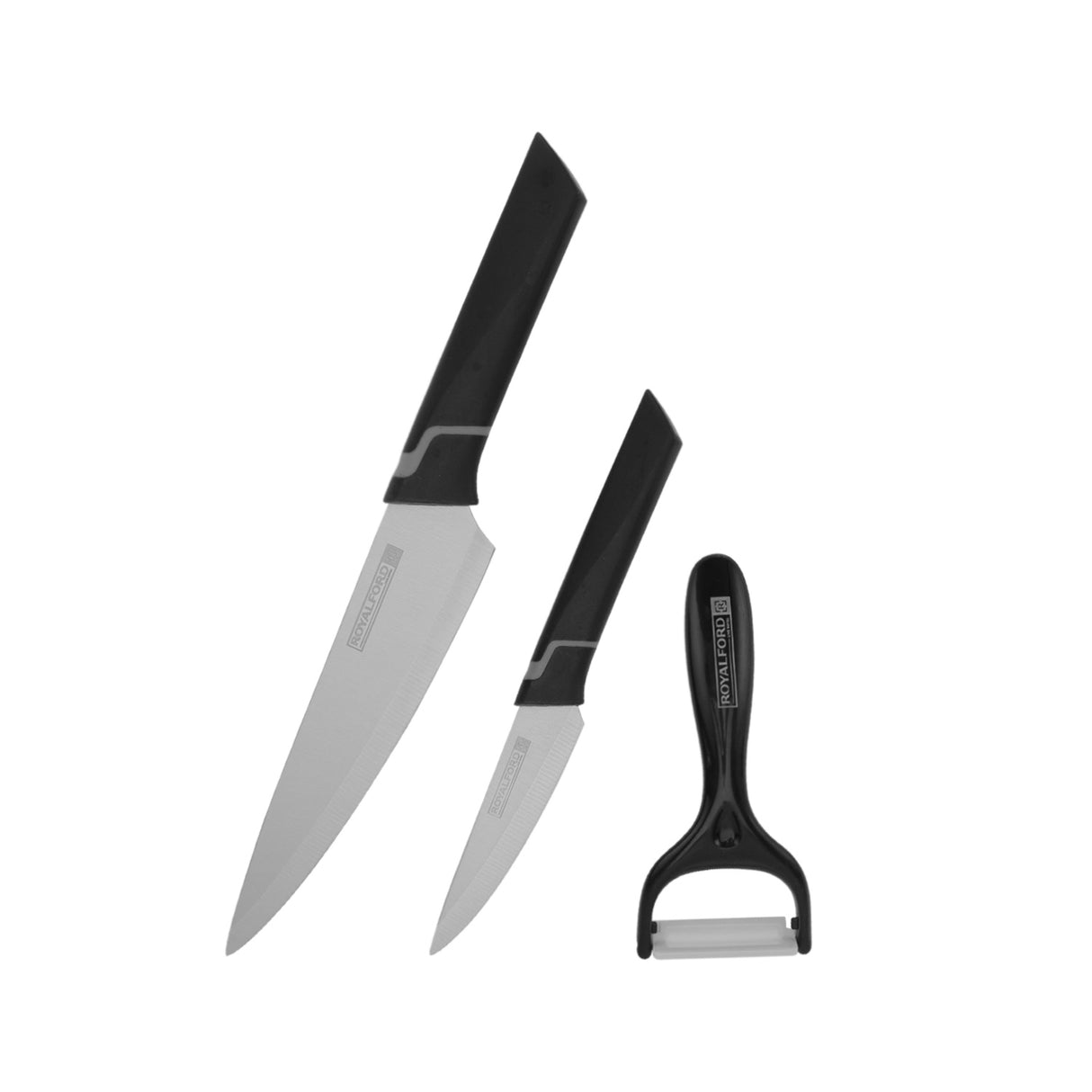 Royalford RF12004 3PC Kitchen Tools Set | 8” Chef Knife, 3.5” Paring Knife & Y Peeler| Extra Sharp Stainless Steel Blades | Strong PP Handle for Cutting & Peeling