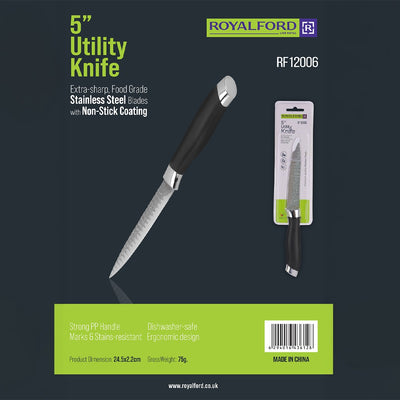 Royalford RF12006 5” Utility Knife| extra-sharp stainless steel blade and non-stick coating| ergonomic handle, stain-resistant, dishwasher-safe, perfect for daily tasks|