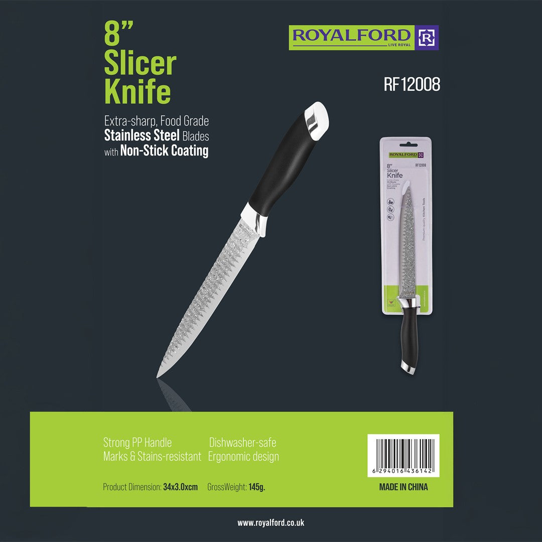 Royalford RF12008 8" Slicer Knife| extra-sharp stainless steel blade with non-stick coating & ergonomic PP handle| lightweight design & dishwasher-safe for daily use|