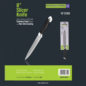 Royalford RF12008 8" Slicer Knife| extra-sharp stainless steel blade with non-stick coating & ergonomic PP handle| lightweight design & dishwasher-safe for daily use|