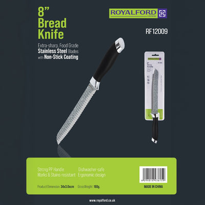 Royalford RF12009 8" Bread Knife| a serrated stainless steel blade with non-stick coating| ergonomic PP handle, dishwasher-safe , perfect for slicing bread, cakes|