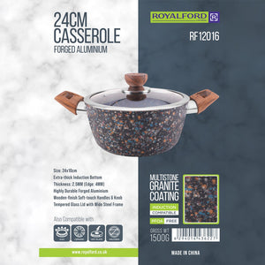 Royalford RF12016 24cm forged aluminium casserole with multistone granite coating| thick induction base, soft touch handles and tempered glass lid for versatile cooking