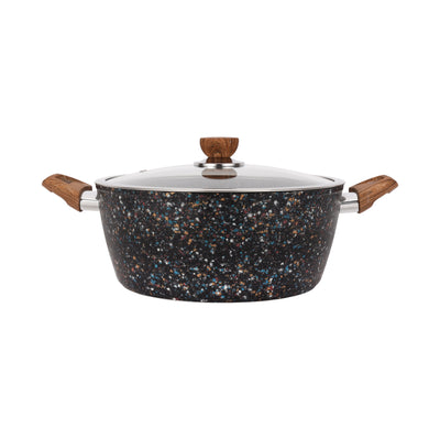 Royalford RF12017 26cm forged aluminium casserole | multistone granite non-stick coating, extra-thick induction base, tempered glass lid and soft-touch handles.
