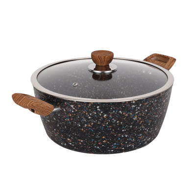 Royalford RF12017 26cm forged aluminium casserole | multistone granite non-stick coating, extra-thick induction base, tempered glass lid and soft-touch handles.