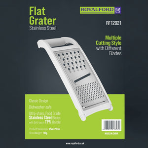 Royalford RF12021 Flat Grater| stainless steel multi blades and sharp cutting surfaces| soft TPR handle, dishwasher-safe design and ideal for grating, slicing|