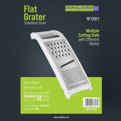 Royalford RF12021 Flat Grater| stainless steel multi blades and sharp cutting surfaces| soft TPR handle, dishwasher-safe design and ideal for grating, slicing|