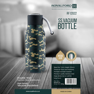 Royalford RF12022 400ml Stainless Steel Vacuum Bottle | Double Wall Insulated Leak Resistant Hot & Cold Water Flask | Portable Strap | Durable & Compact Travel Design