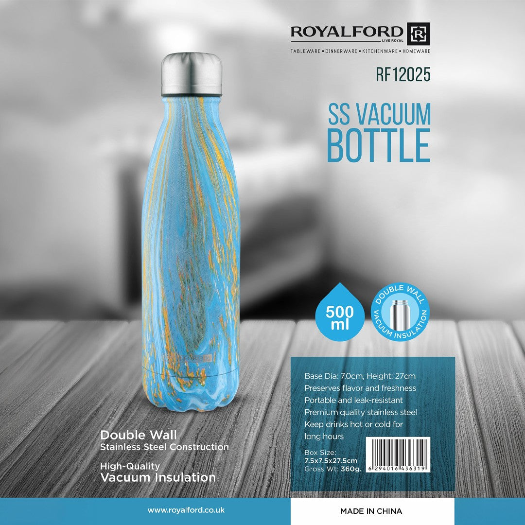 Royalford RF12025 500ml SS Vacuum Bottle | Double Wall Stainless Steel Insulated Water Bottle | Leak Resistant | Keeps Hot & Cold for Hours | Portable Travel Flask