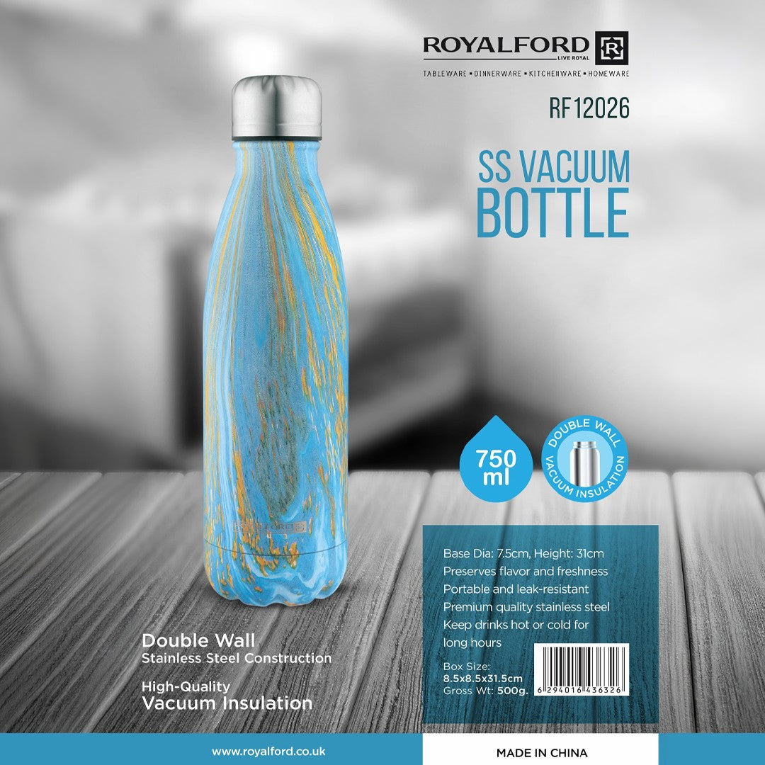 Royalford RF12026 750ml Stainless Steel Vacuum Bottle| Double Wall Insulated Leak Resistant Flask| Hot and Cold Water Bottle| Durable Travel Drink Bottle | Stylish Design