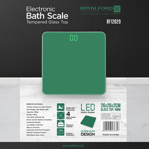 Royalford RF12029 Electronic Bath Scale 180kg Capacity | Tempered Glass Platform | LED Display | Step-On Technology | 4 Precision Sensors | Ultra Slim Digital Scale