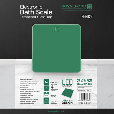 Royalford RF12029 Electronic Bath Scale 180kg Capacity | Tempered Glass Platform | LED Display | Step-On Technology | 4 Precision Sensors | Ultra Slim Digital Scale
