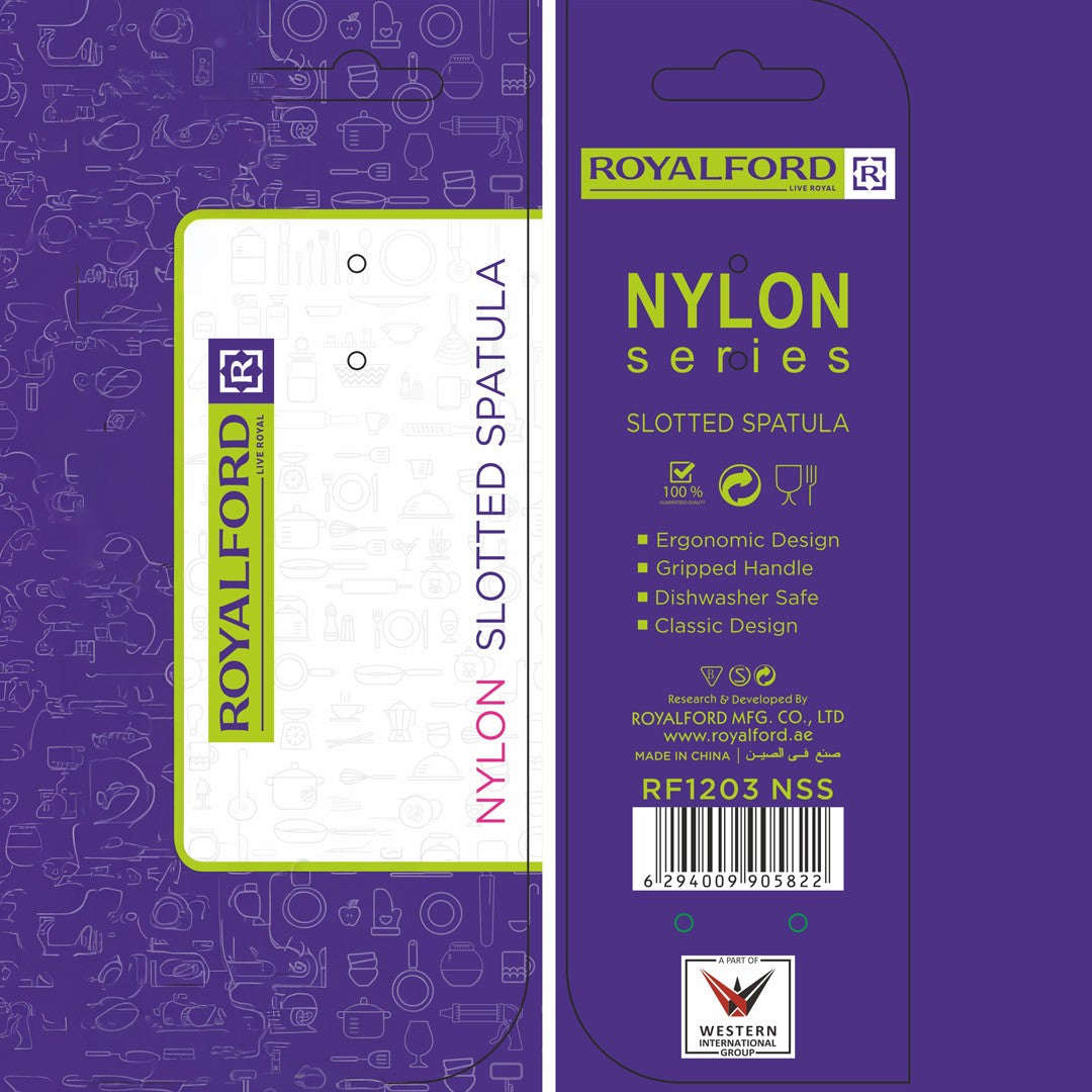 Royalford RF1203 Nylon Slotted Spatula NSS| food-grade nylon, ergonomic gripped handle & heat-resistant| slotted design, dishwasher-safe, for flipping & turning|