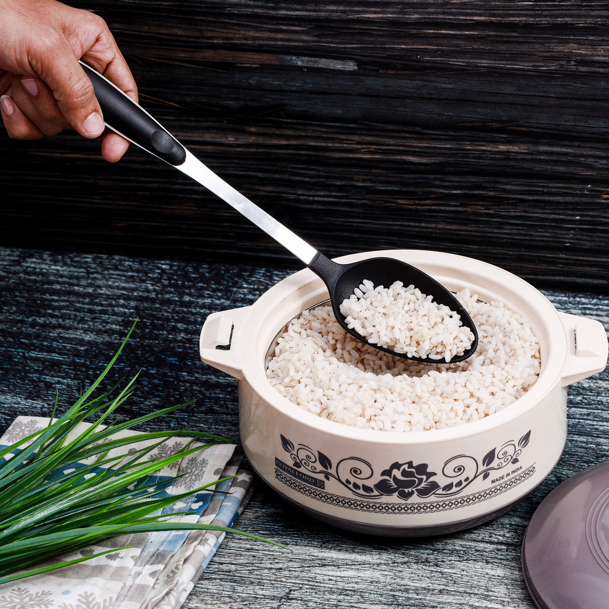 Royalford RF1206-NSVS Nylon Serving Spoon| stainless steel handle offers durability & comfort| non-stick friendly, heat resistant, ideal for serving rice and more|