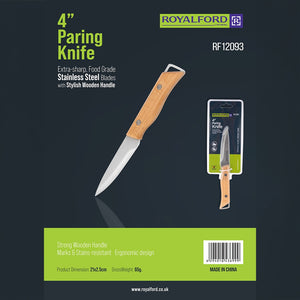 Royalford RF12093 4” Paring Knife| sharp stainless steel blade & durable wooden handle offers precise cutting| ergonomic grip, stain resistance, for everyday kitchen use|